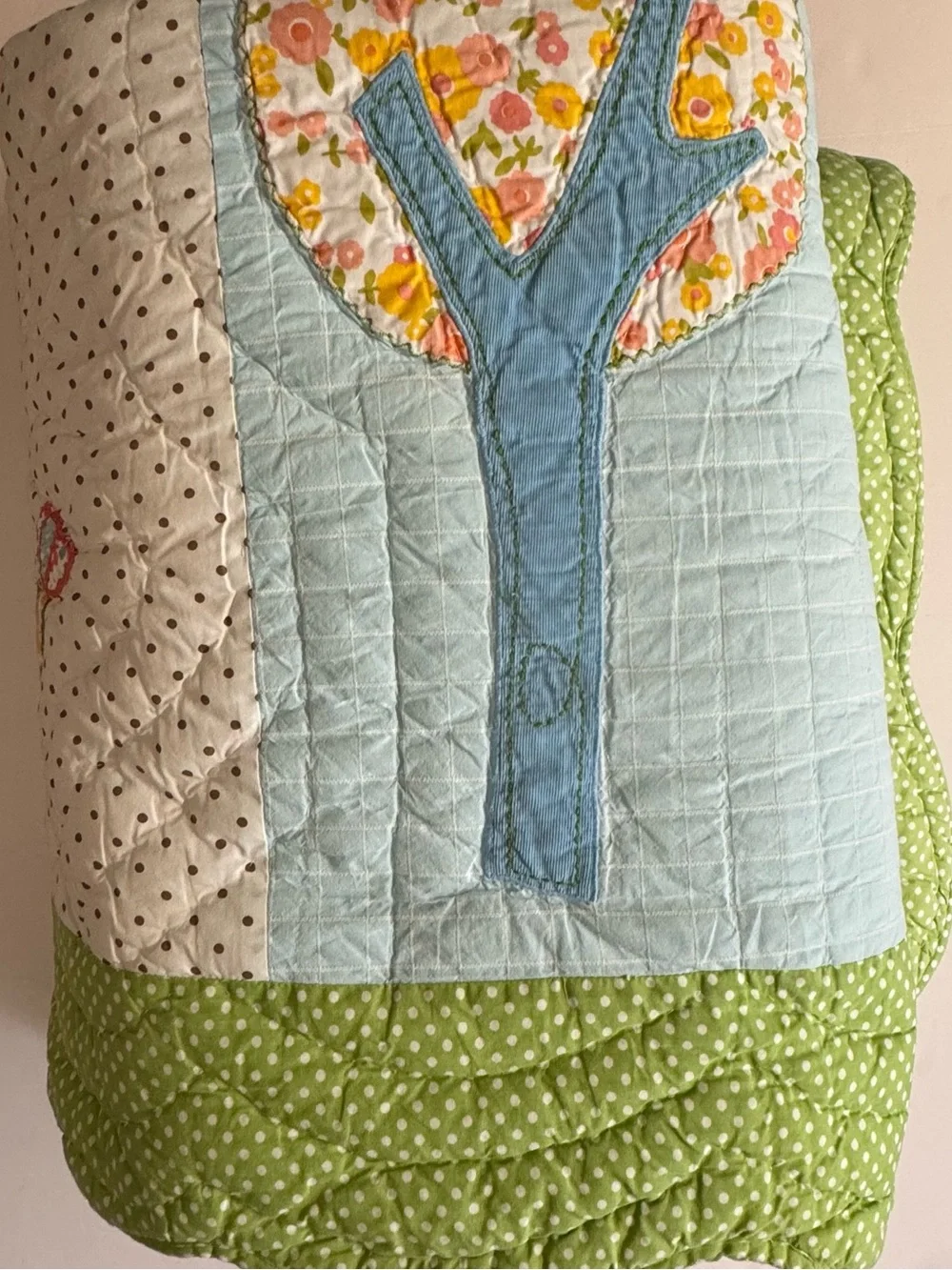 Retired Pottery Barn Kids Twin Brooke Patchwork Tree Quilt in Green, Blue & Pink